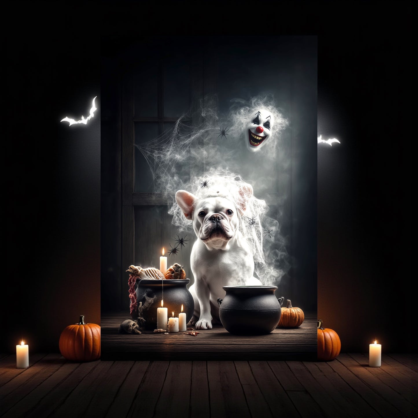 Gothic French Bulldog Halloween Poster: Spooky Cauldron, Clown Mask - A2 Print