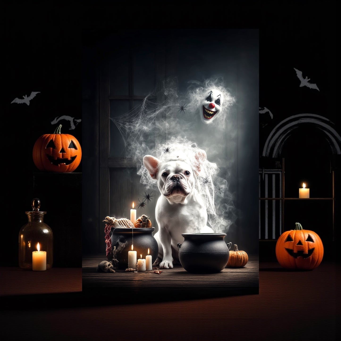Gothic French Bulldog Halloween Poster: Spooky Cauldron, Clown Mask - A2 Print