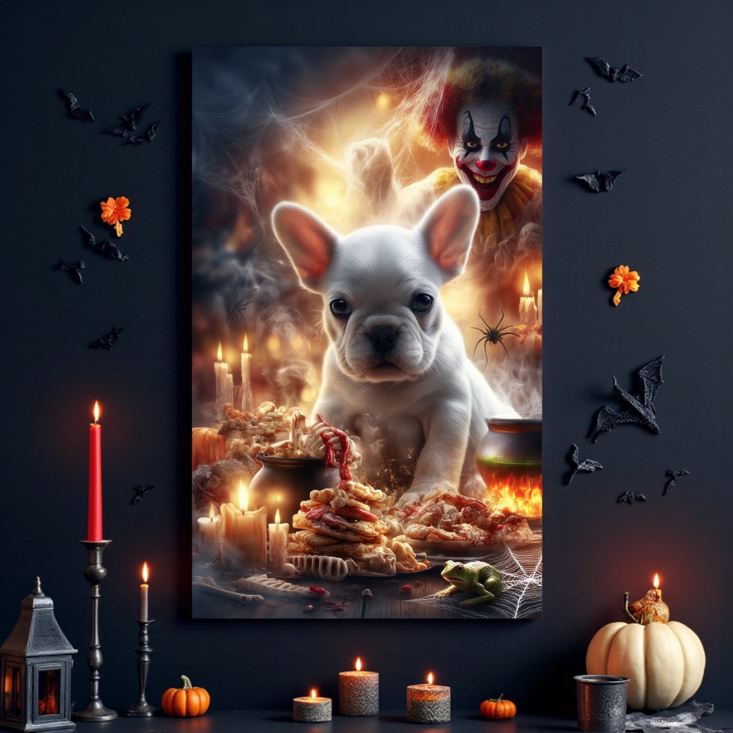 Spooky French Bulldog Halloween Poster: Gothic Clown Decor, A2 Print