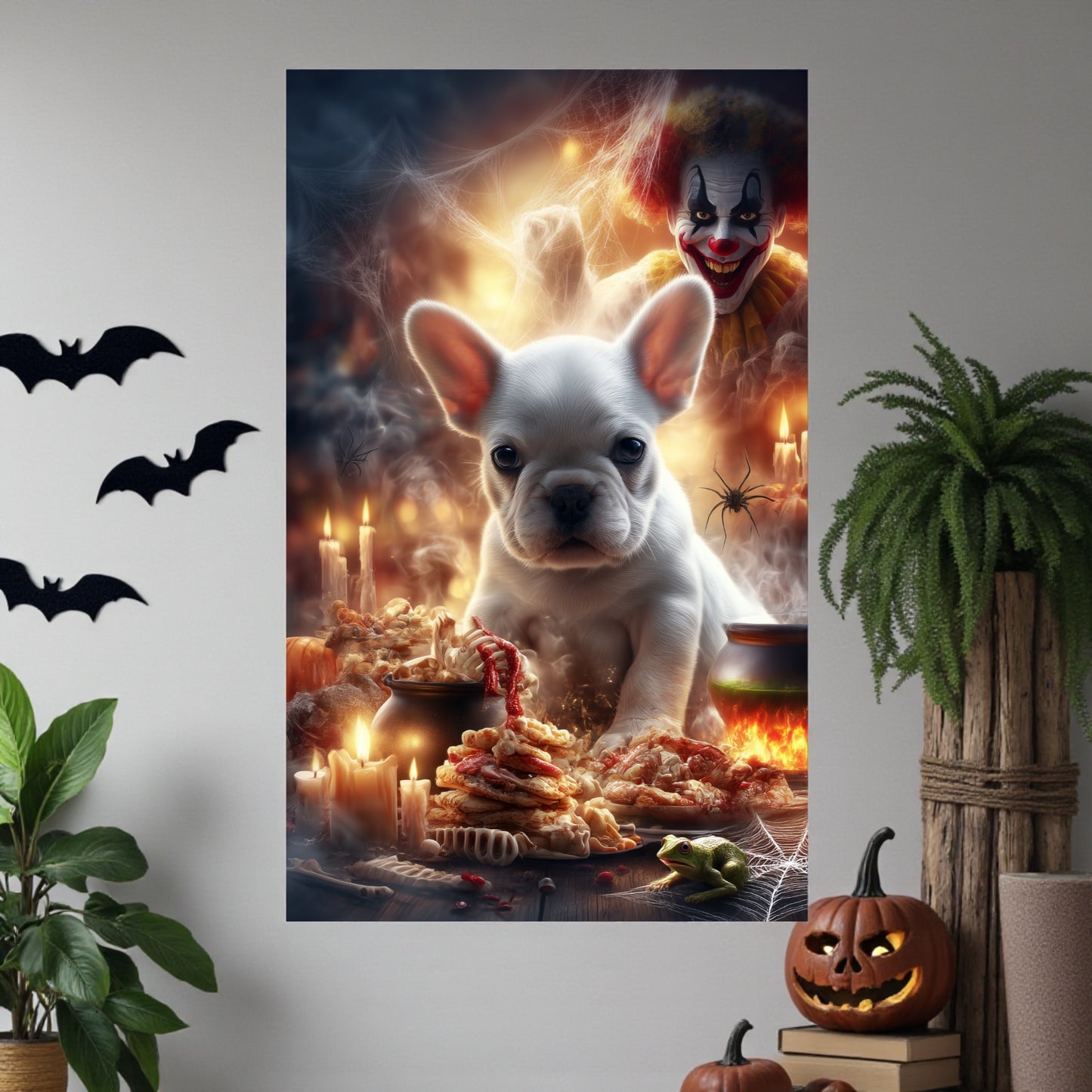 Spooky French Bulldog Halloween Poster: Gothic Clown Decor, A2 Print