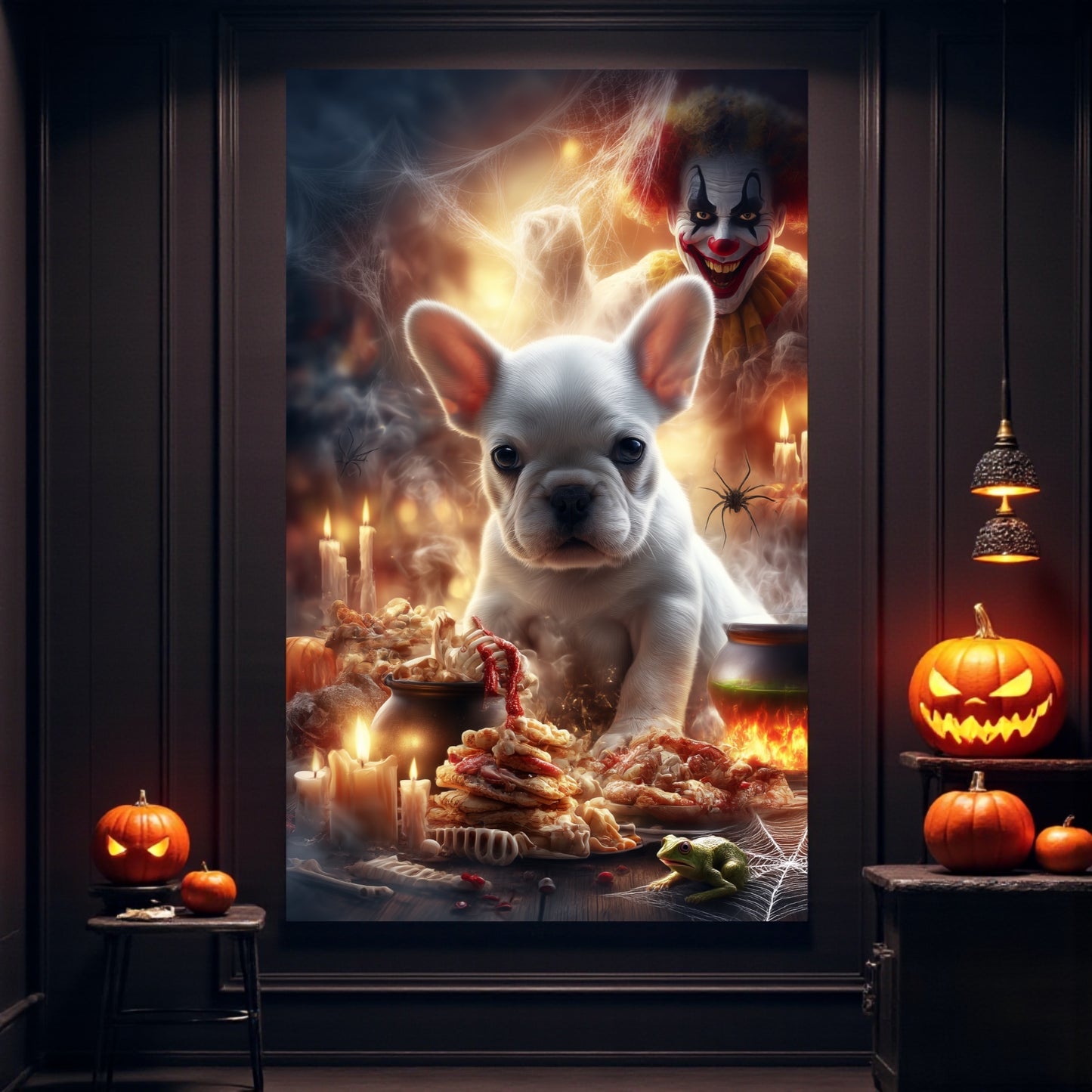 Spooky French Bulldog Halloween Poster: Gothic Clown Decor, A2 Print