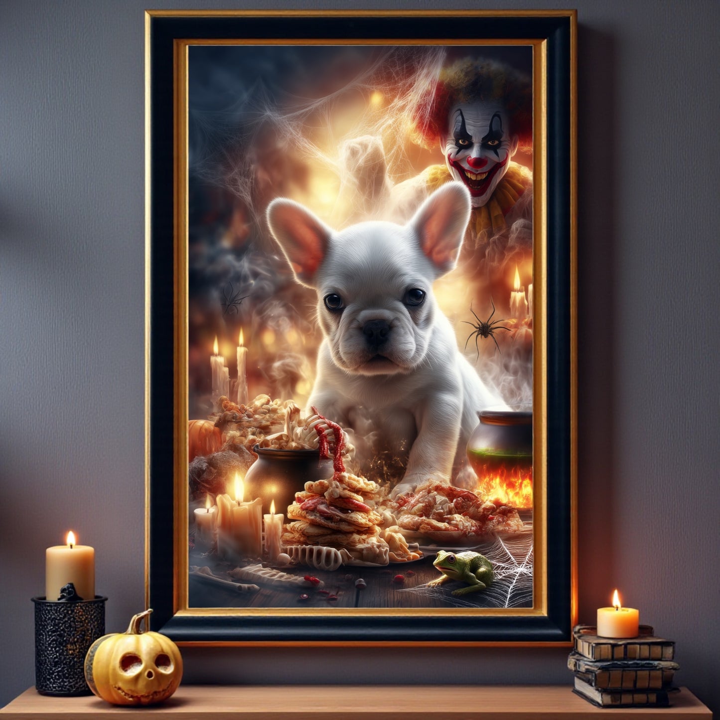 Spooky French Bulldog Halloween Poster: Gothic Clown Decor, A2 Print