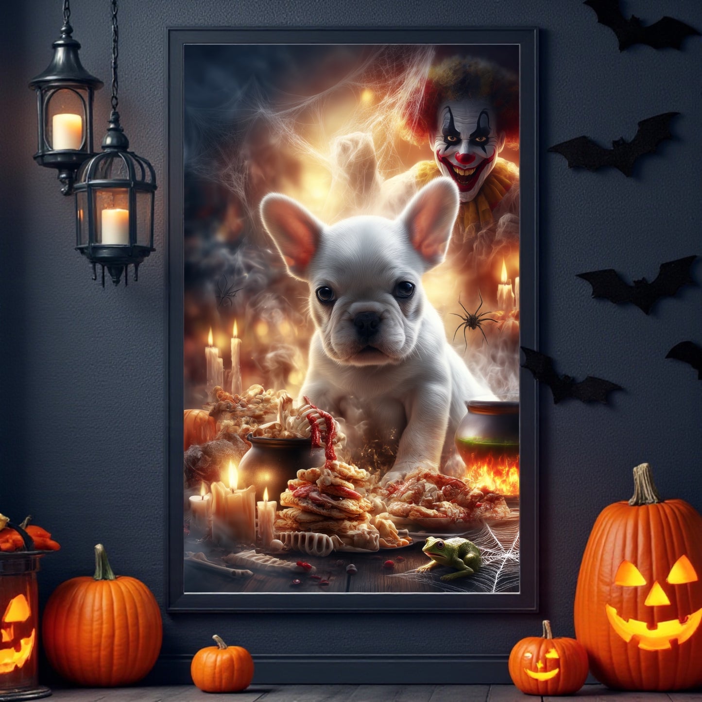 Spooky French Bulldog Halloween Poster: Gothic Clown Decor, A2 Print