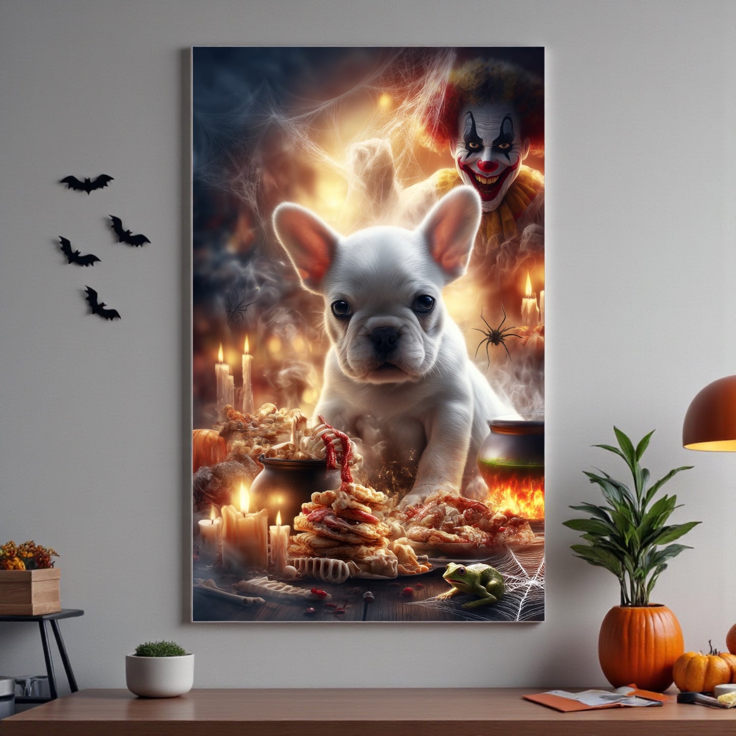 Spooky French Bulldog Halloween Poster: Gothic Clown Decor, A2 Print