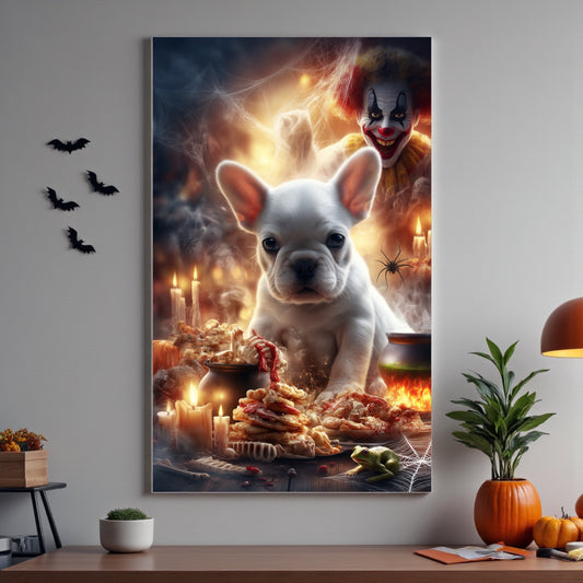 Spooky French Bulldog Halloween Poster: Gothic Clown Decor, A2 Print