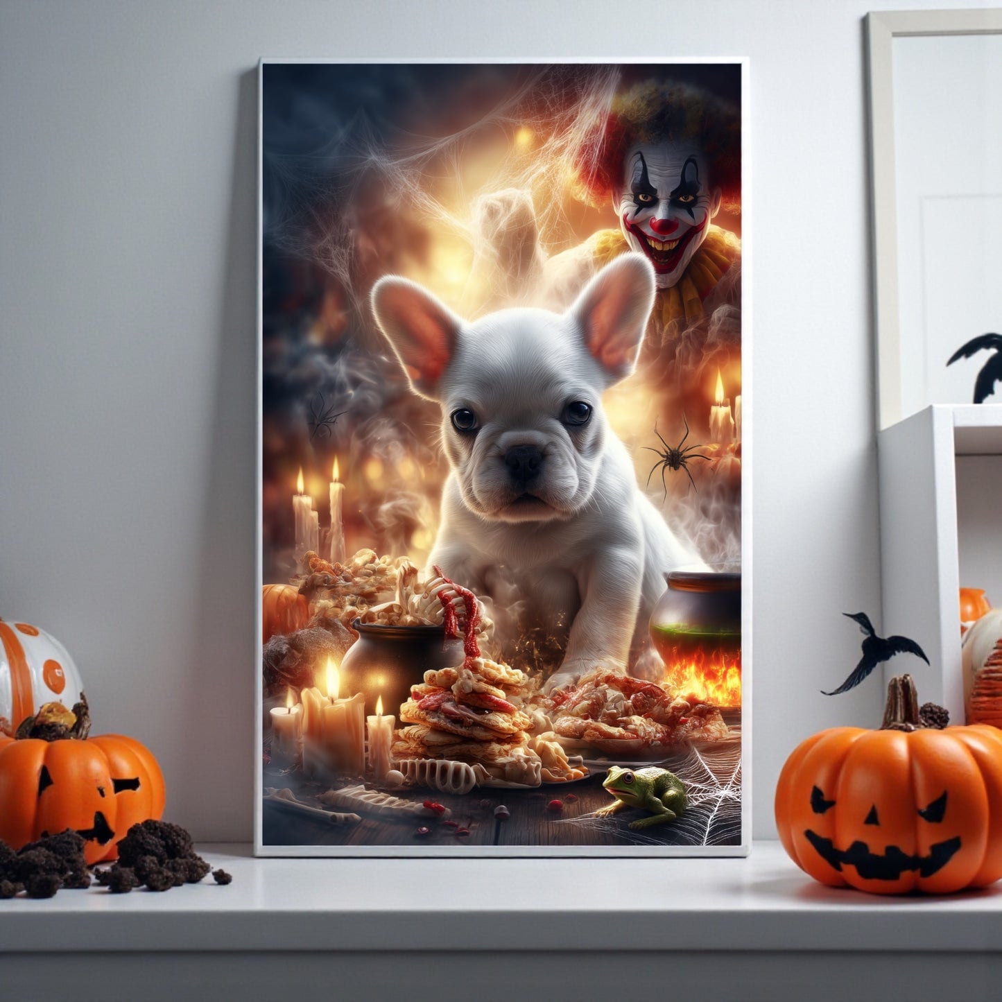 Spooky French Bulldog Halloween Poster: Gothic Clown Decor, A2 Print
