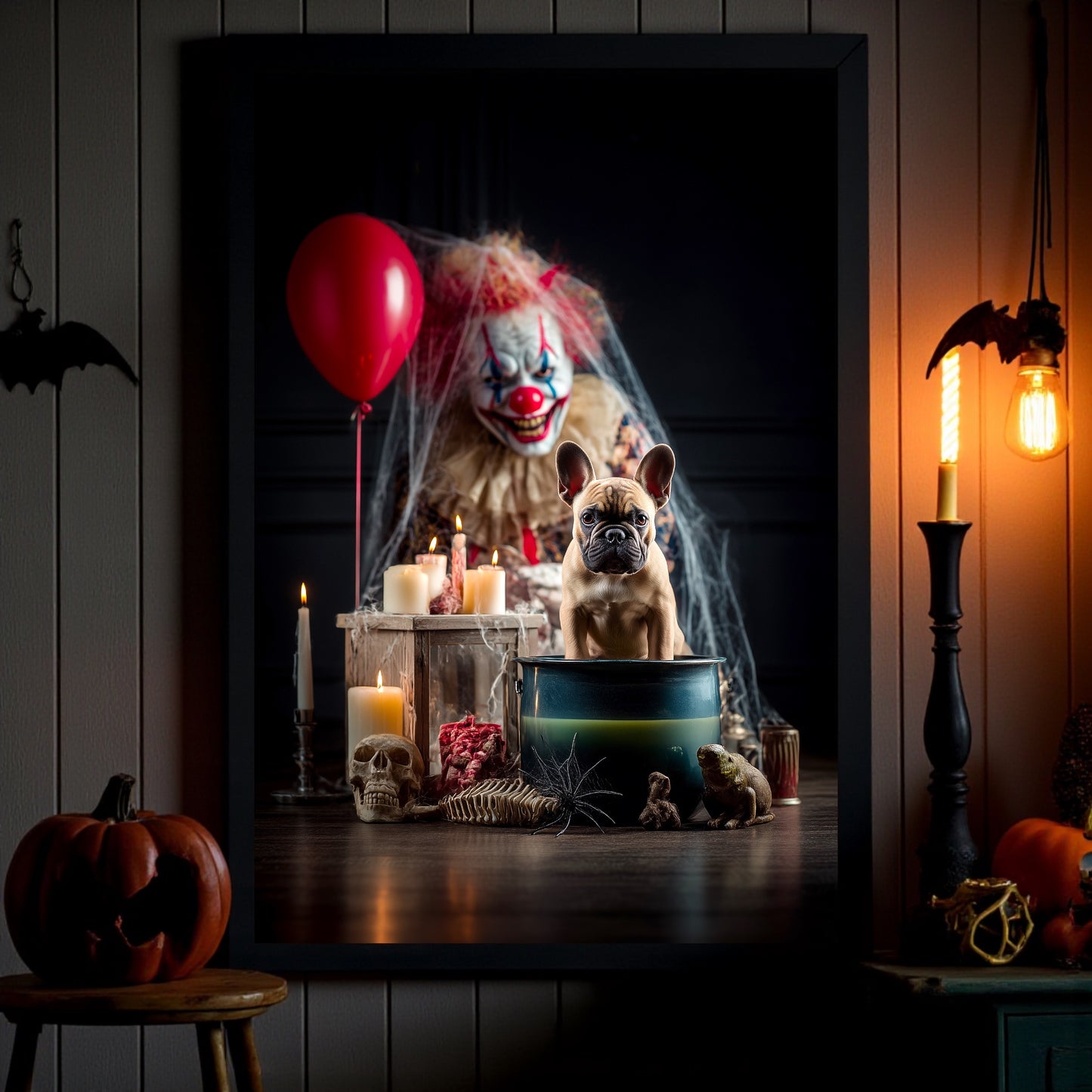 Spooky French Bulldog Halloween Poster: Creepy Clown Dog A2 Print
