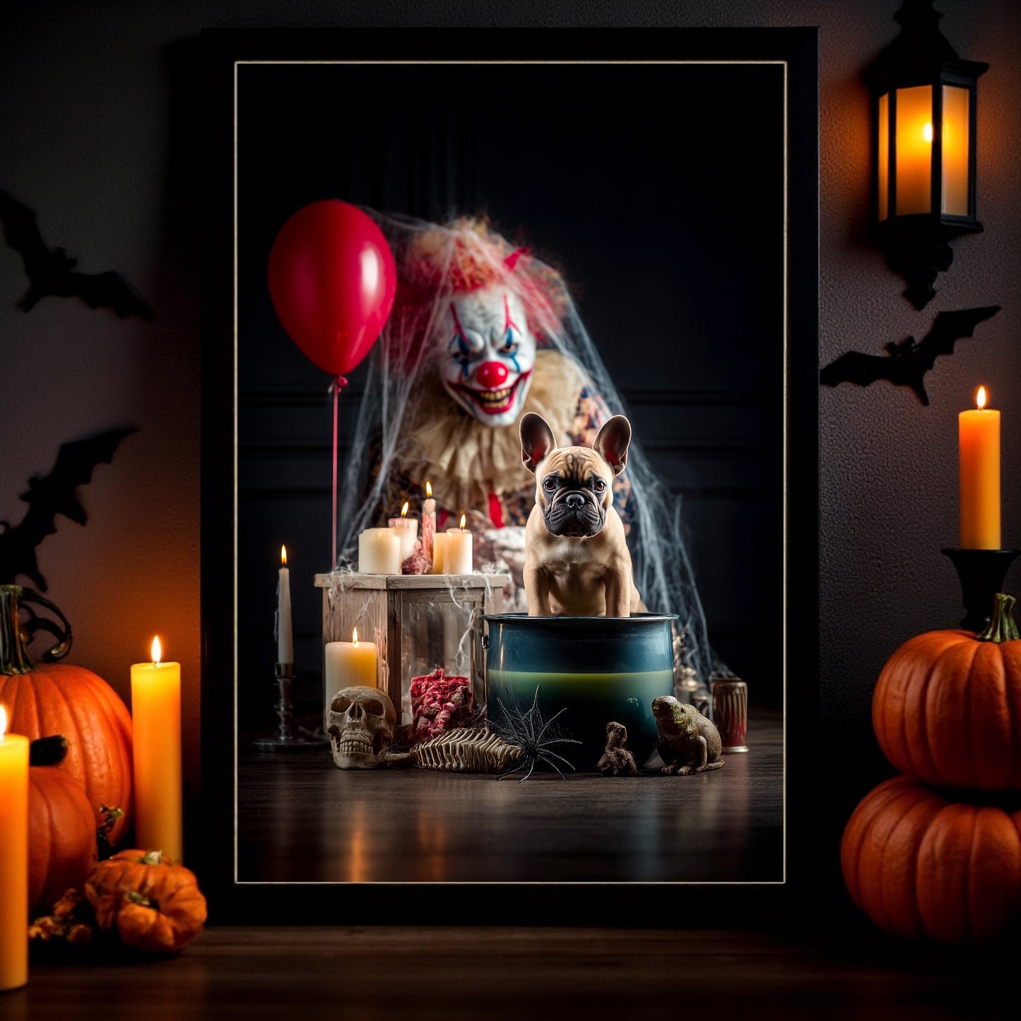Spooky French Bulldog Halloween Poster: Creepy Clown Dog A2 Print