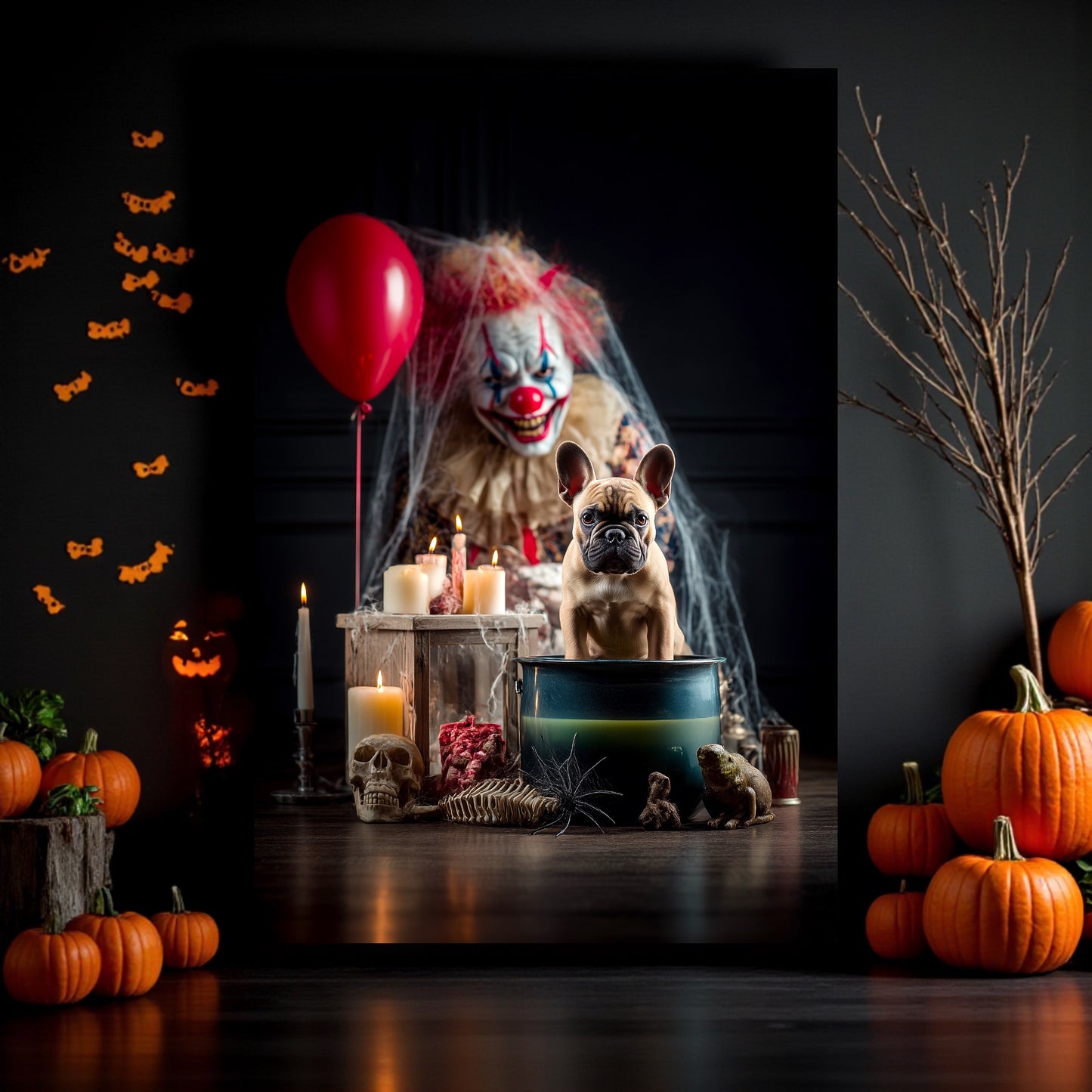 Spooky French Bulldog Halloween Poster: Creepy Clown Dog A2 Print