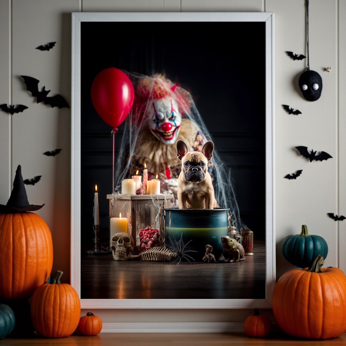 Spooky French Bulldog Halloween Poster: Creepy Clown Dog A2 Print