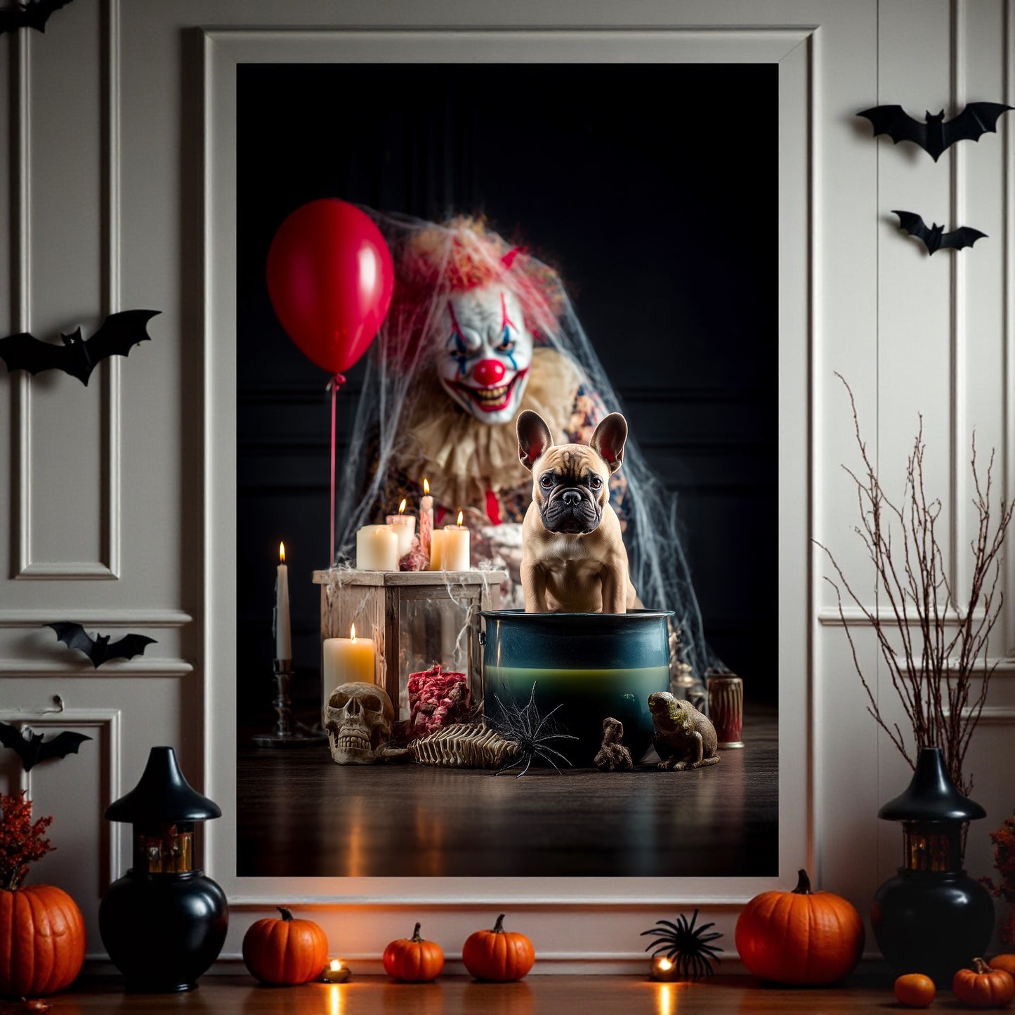 Spooky French Bulldog Halloween Poster: Creepy Clown Dog A2 Print