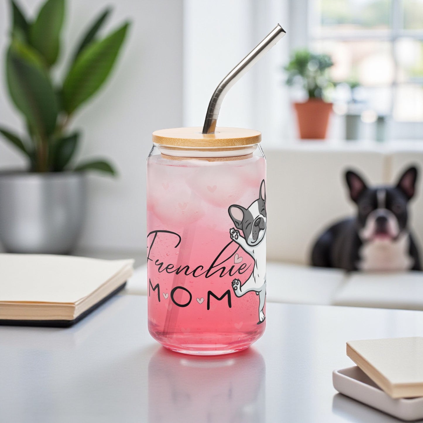 French Bulldog Mom Glass Cup: 16oz Can-Shaped Iced Coffee Cup