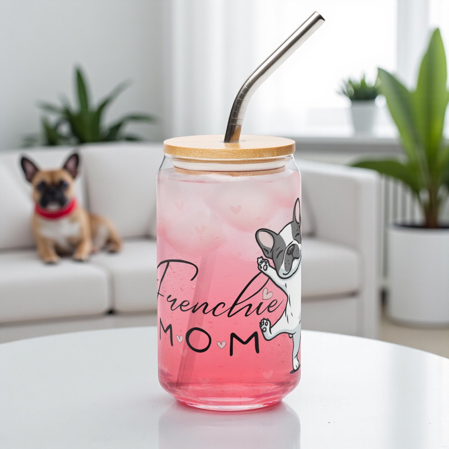 French Bulldog Mom Glass Cup: 16oz Can-Shaped Iced Coffee Cup