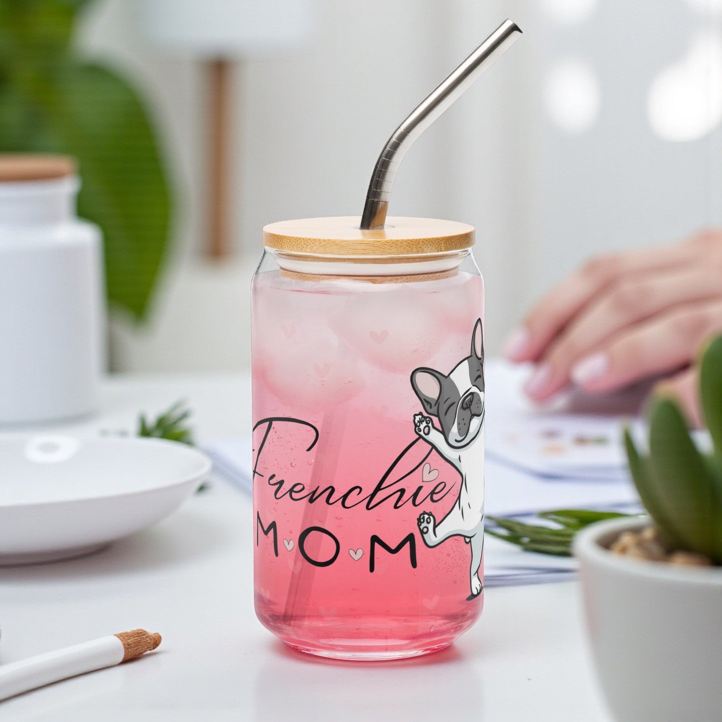 French Bulldog Mom Glass Cup: 16oz Can-Shaped Iced Coffee Cup
