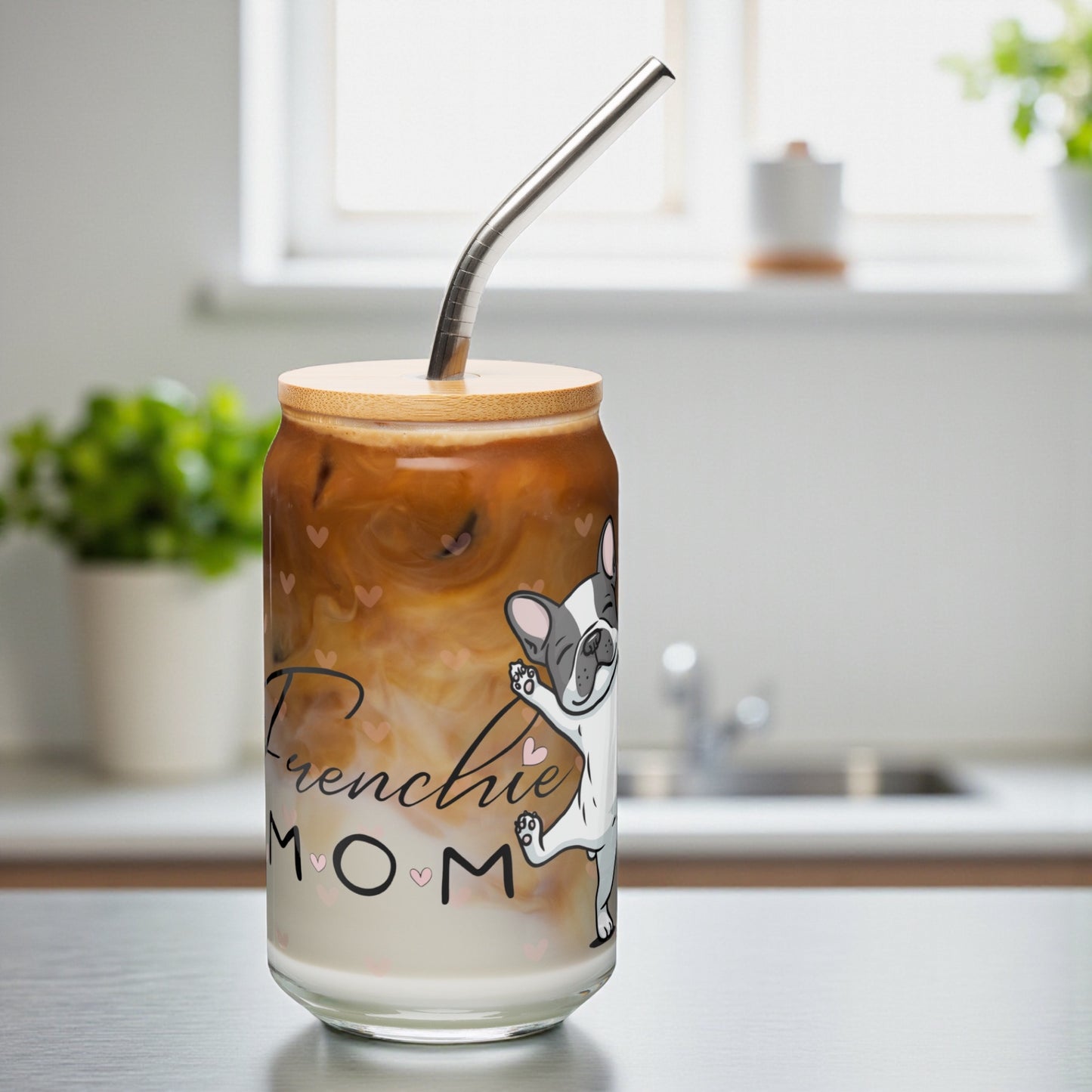 French Bulldog Mom Glass Cup: 16oz Can-Shaped Iced Coffee Cup
