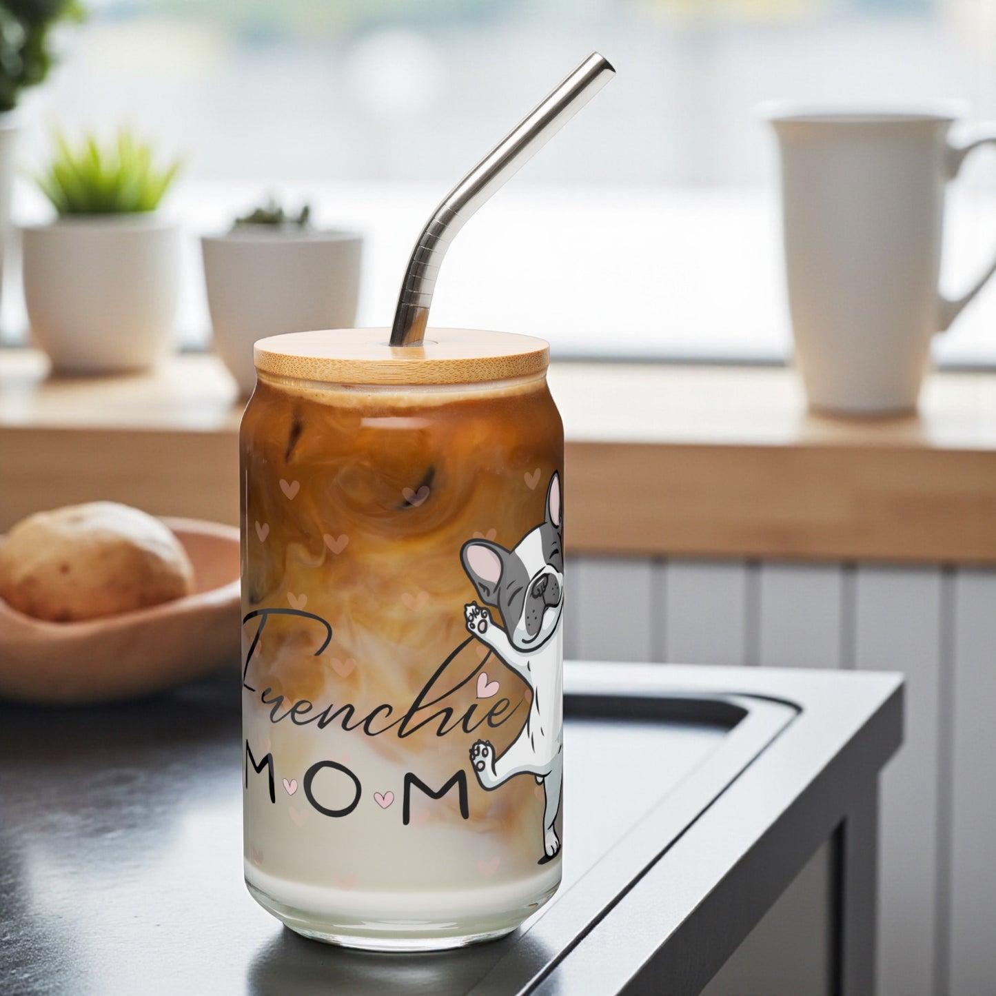 French Bulldog Mom Glass Cup: 16oz Can-Shaped Iced Coffee Cup