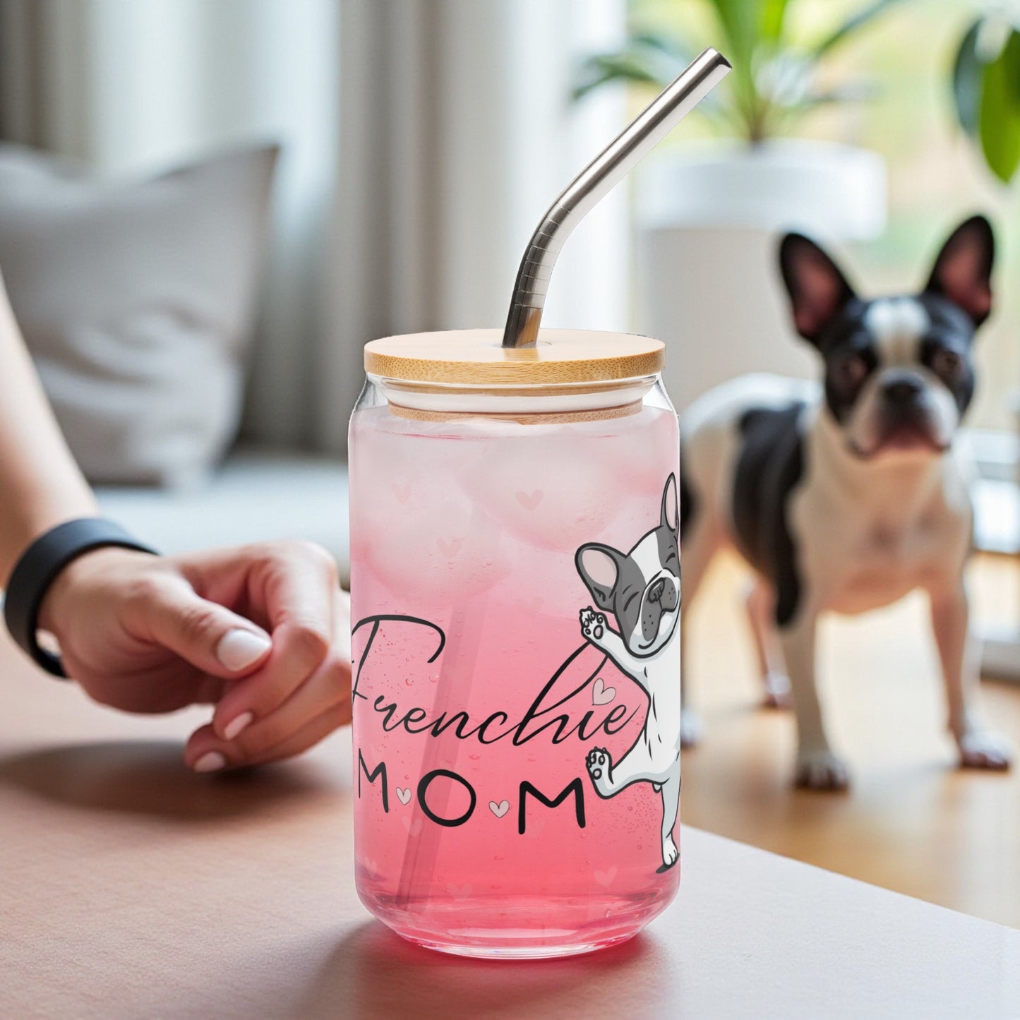 French Bulldog Mom Glass Cup: 16oz Can-Shaped Iced Coffee Cup