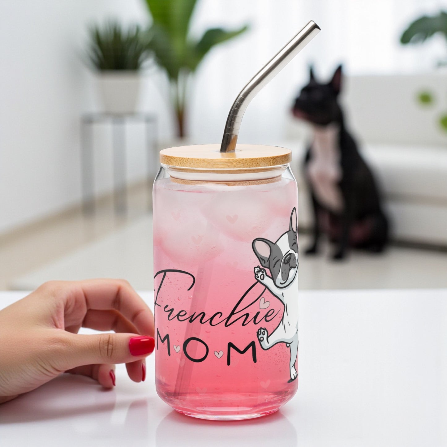 French Bulldog Mom Glass Cup: 16oz Can-Shaped Iced Coffee Cup