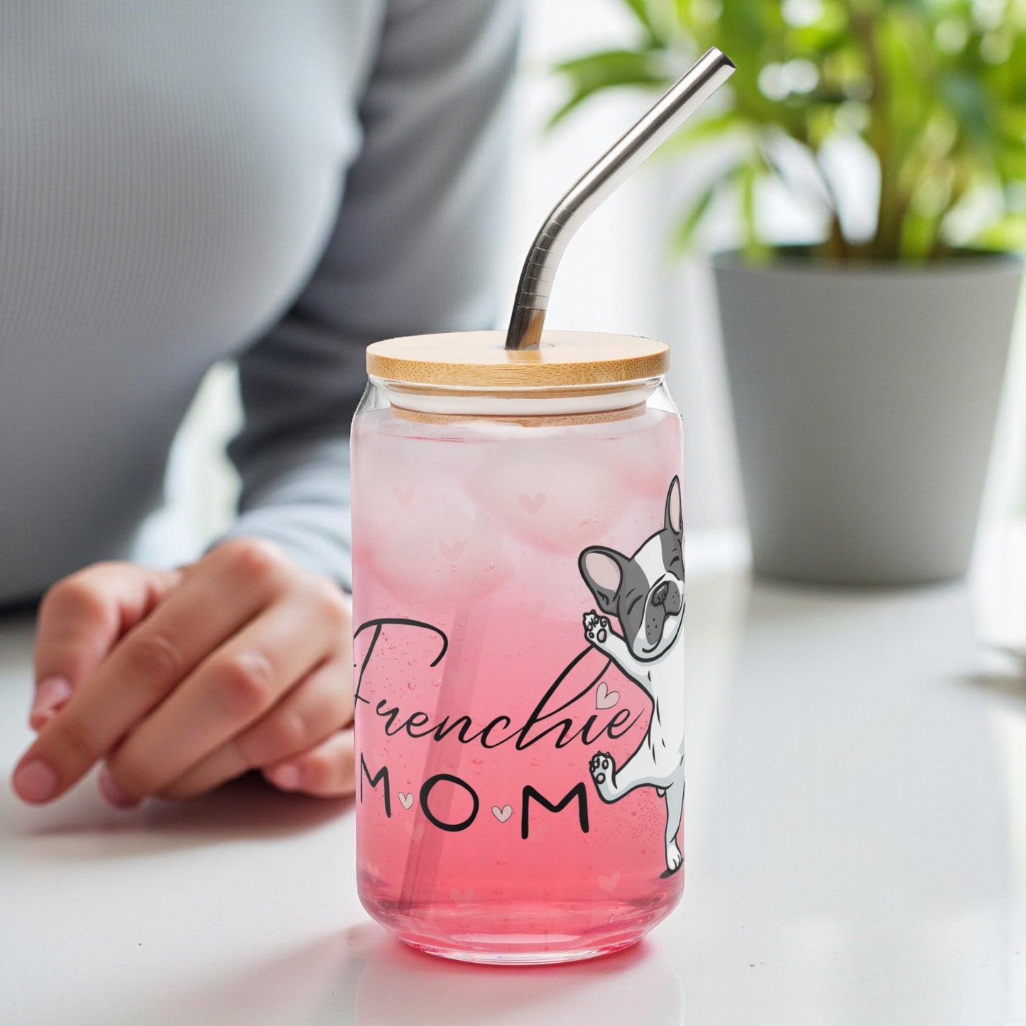 French Bulldog Mom Glass Cup: 16oz Can-Shaped Iced Coffee Cup