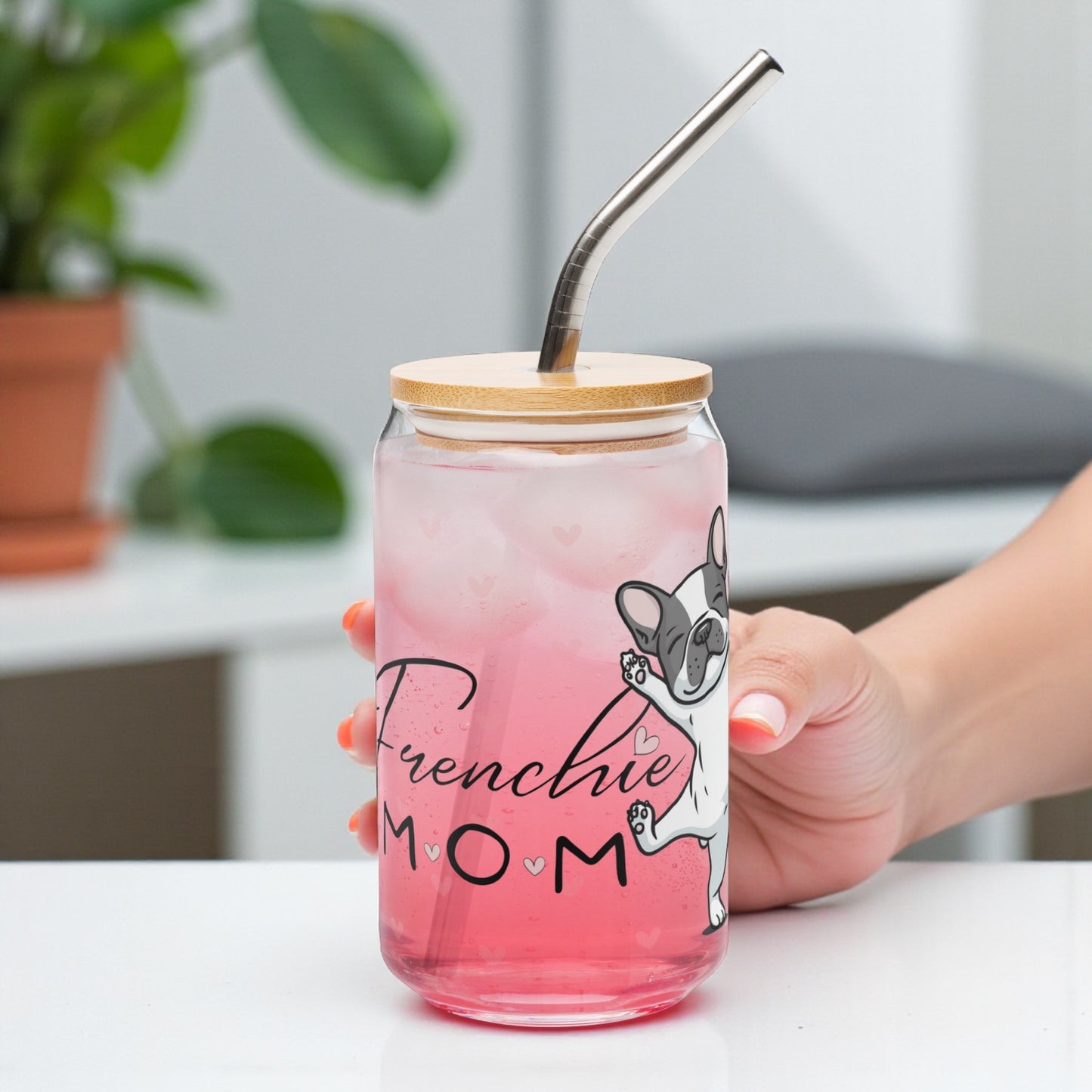 French Bulldog Mom Glass Cup: 16oz Can-Shaped Iced Coffee Cup