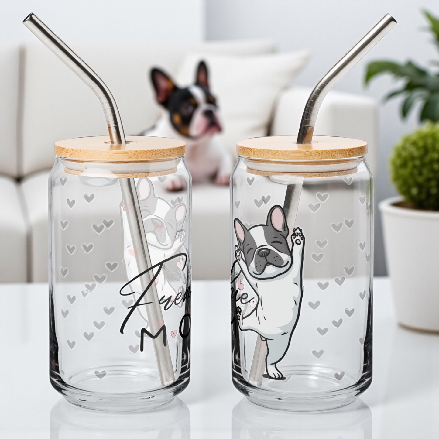 French Bulldog Mom Glass Cup: 16oz Can-Shaped Iced Coffee Cup