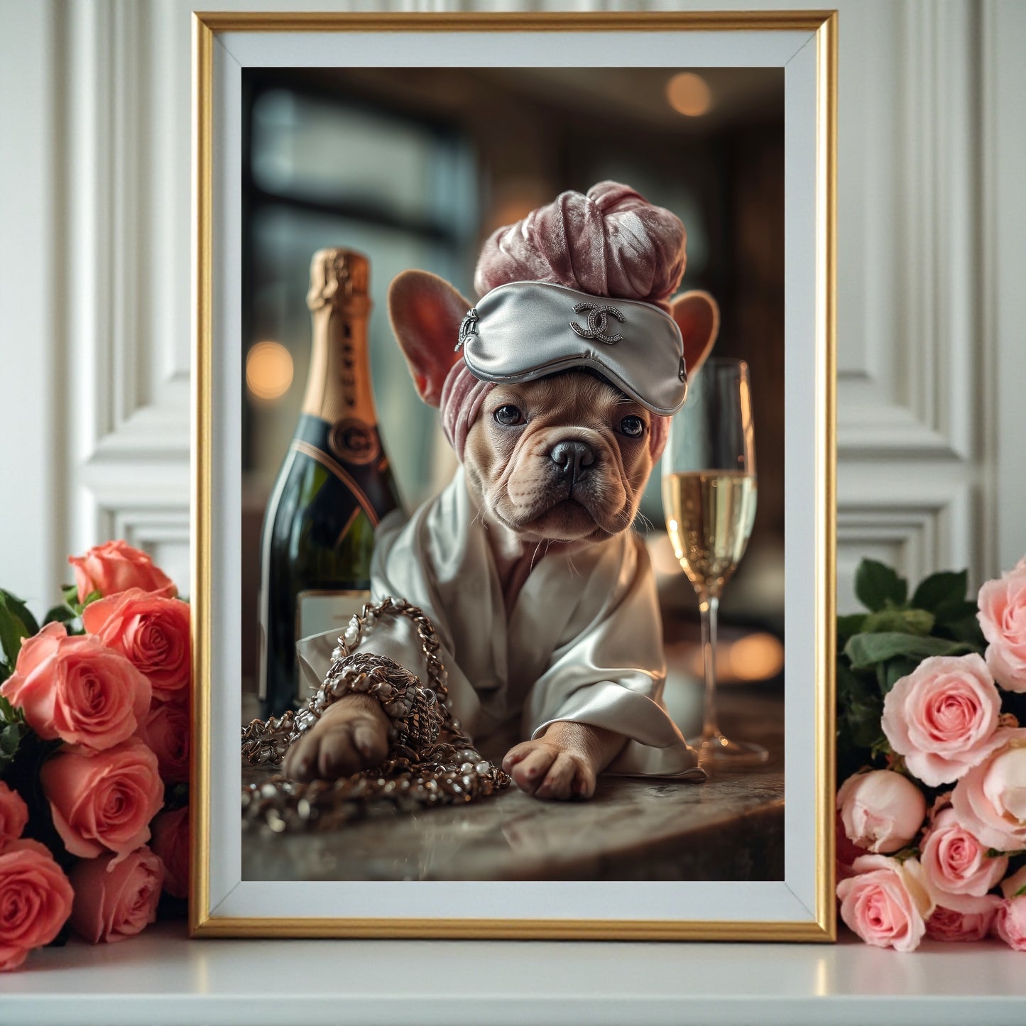 Glam French Bulldog Poster: Chic Dog Art Print, Champagne & Silk