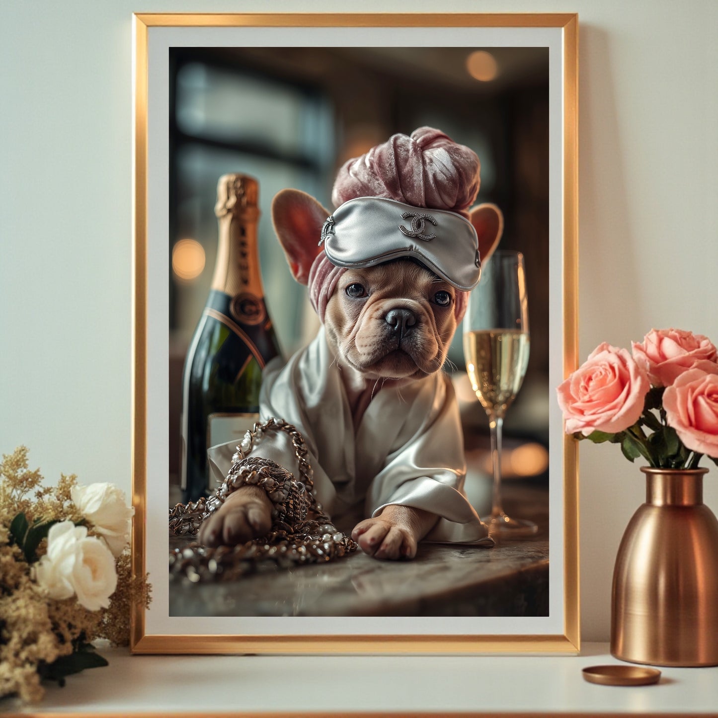 Glam French Bulldog Poster: Chic Dog Art Print, Champagne & Silk