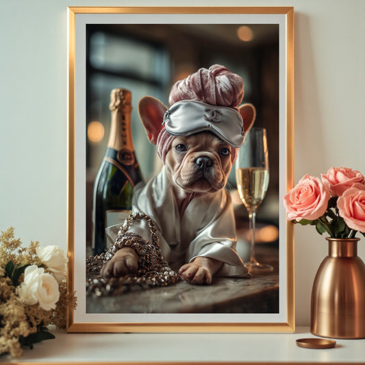Glam French Bulldog Poster: Chic Dog Art Print, Champagne & Silk