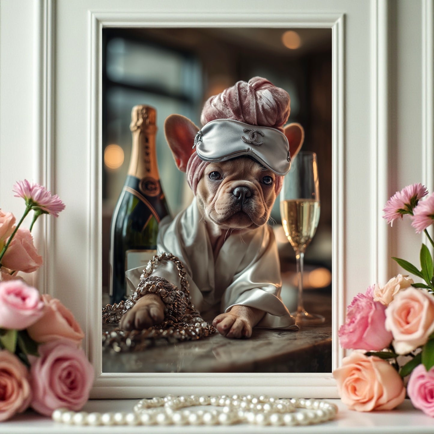 Glam French Bulldog Poster: Chic Dog Art Print, Champagne & Silk