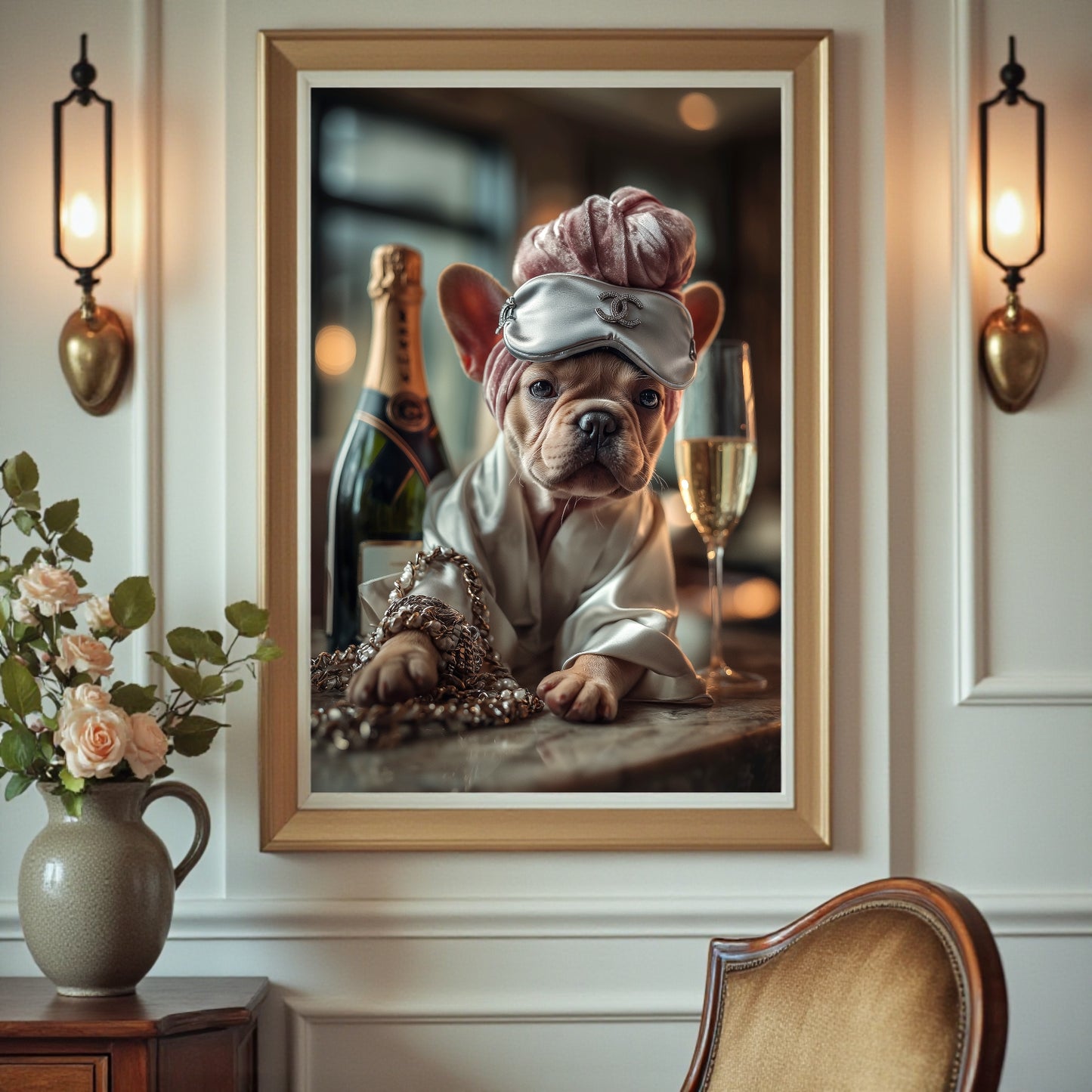 Glam French Bulldog Poster: Chic Dog Art Print, Champagne & Silk