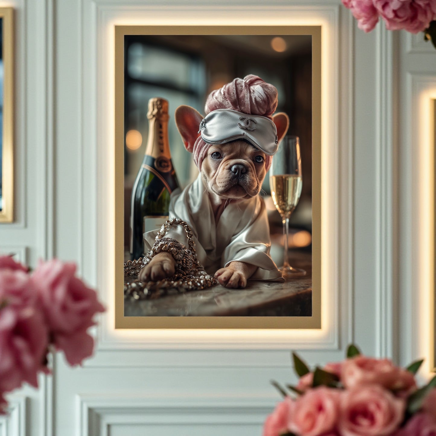 Glam French Bulldog Poster: Chic Dog Art Print, Champagne & Silk