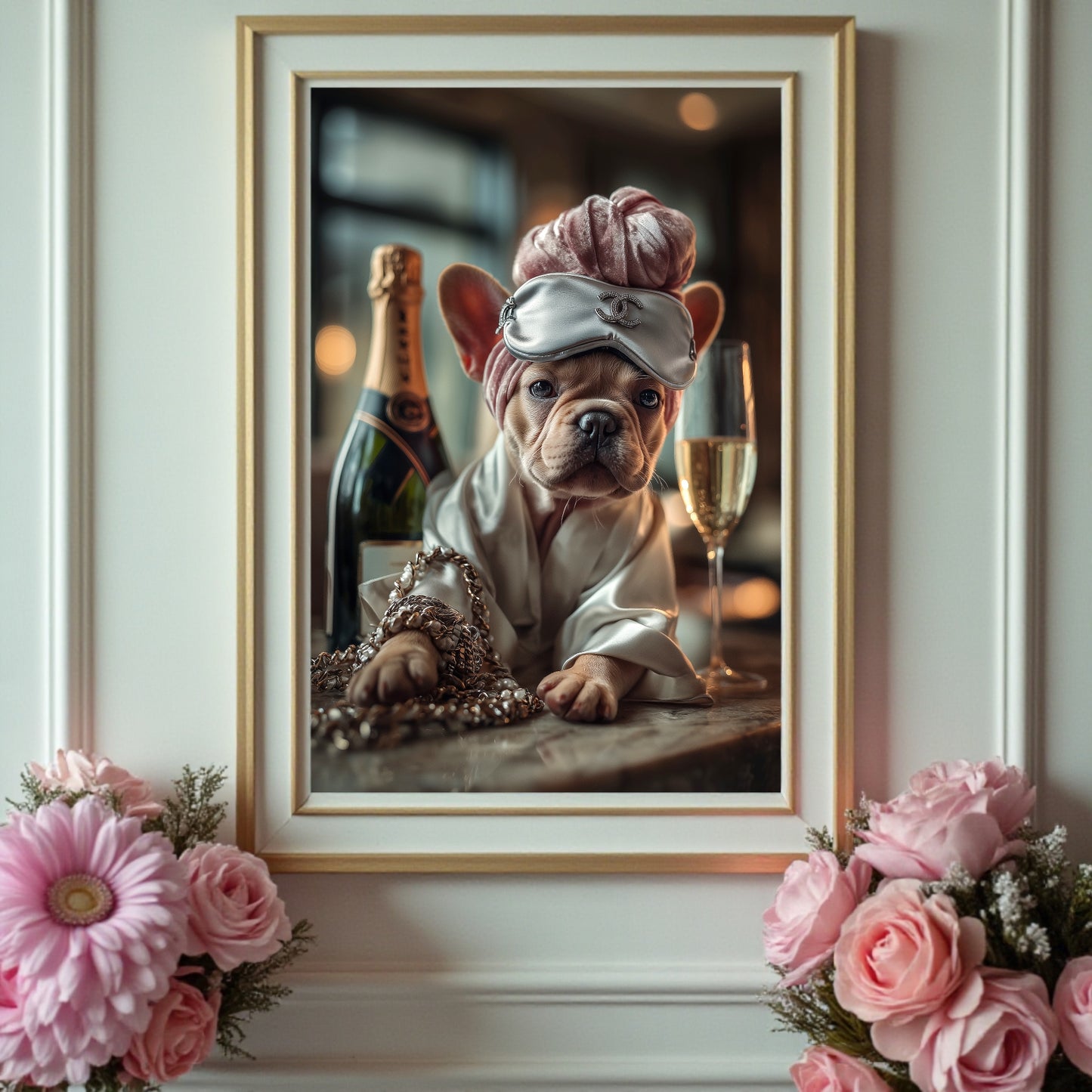Glam French Bulldog Poster: Chic Dog Art Print, Champagne & Silk