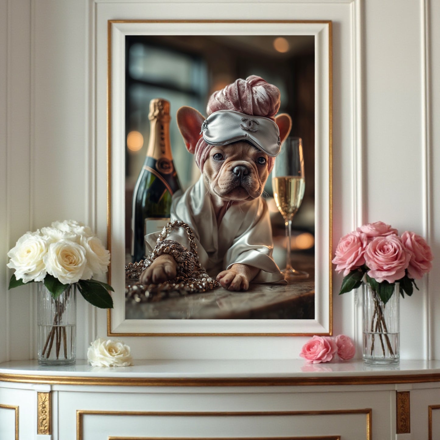 Glam French Bulldog Poster: Chic Dog Art Print, Champagne & Silk