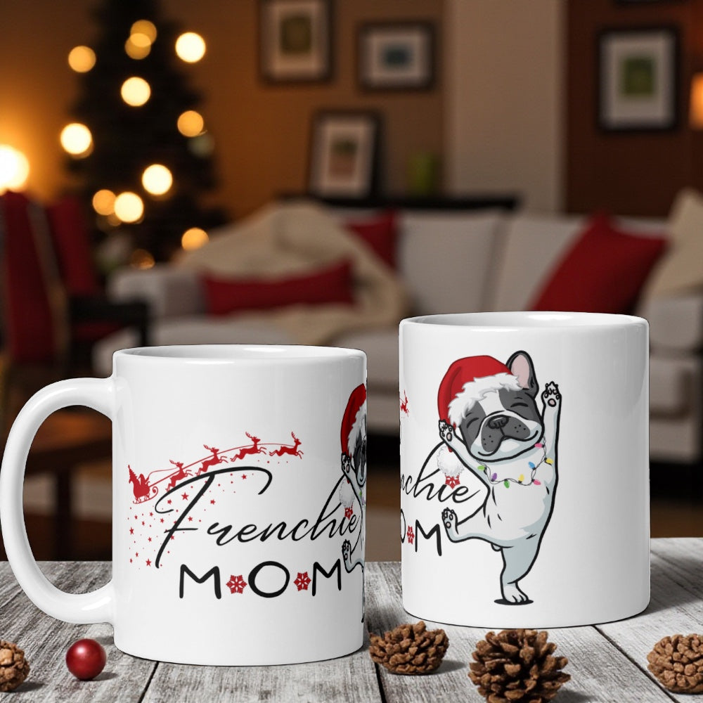 Frenchie Mom Christmas Mug – French Bulldog Santa Hat Coffee Cup – Holiday Gift for Dog Mom – Microwave & Dishwasher Safe