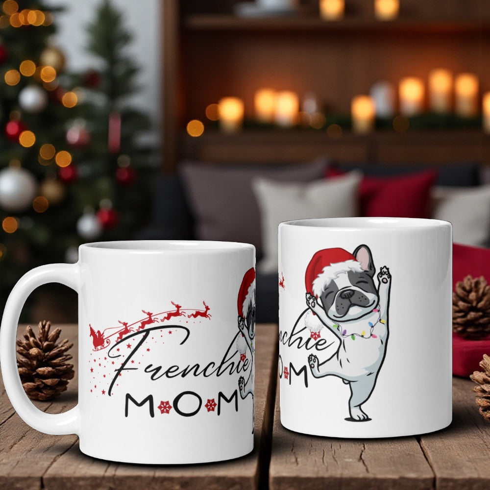 Frenchie Mom Christmas Mug – French Bulldog Santa Hat Coffee Cup – Holiday Gift for Dog Mom – Microwave & Dishwasher Safe