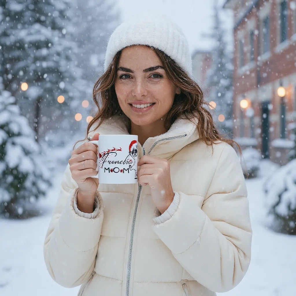 Frenchie Mom Christmas Mug – French Bulldog Santa Hat Coffee Cup – Holiday Gift for Dog Mom – Microwave & Dishwasher Safe
