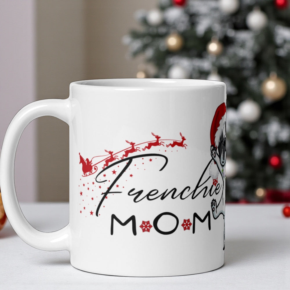 Frenchie Mom Christmas Mug – French Bulldog Santa Hat Coffee Cup – Holiday Gift for Dog Mom – Microwave & Dishwasher Safe