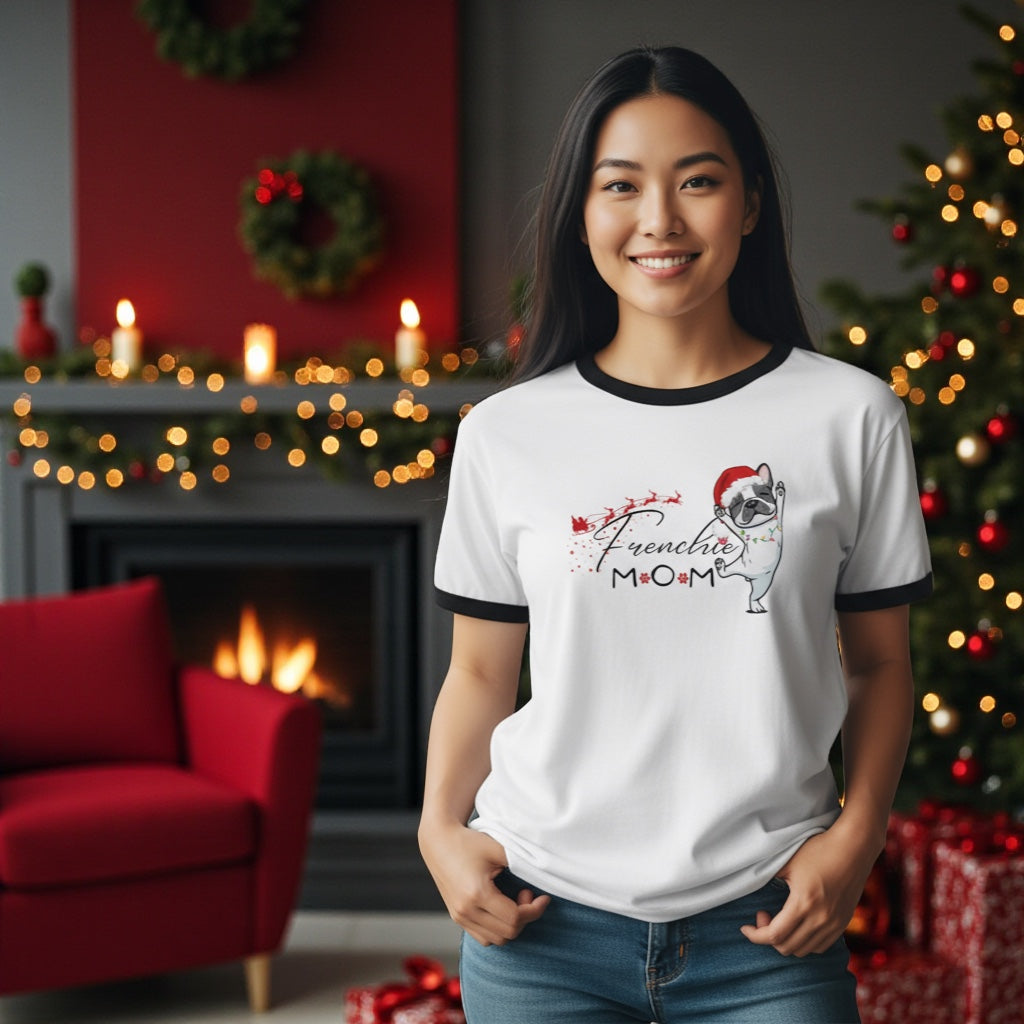 French Bulldog Christmas Ringer Tee: Santa Hat Dog Mom Shirt