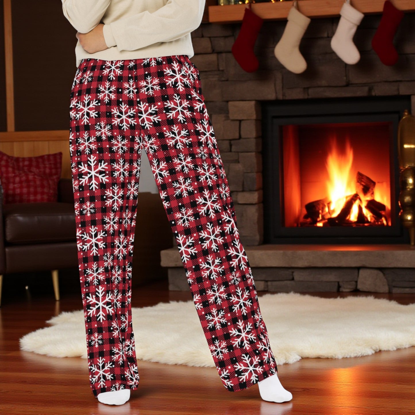 Red Plaid Snowflake Unisex Pajama Pants: Cozy Christmas Holiday Lounge Wear