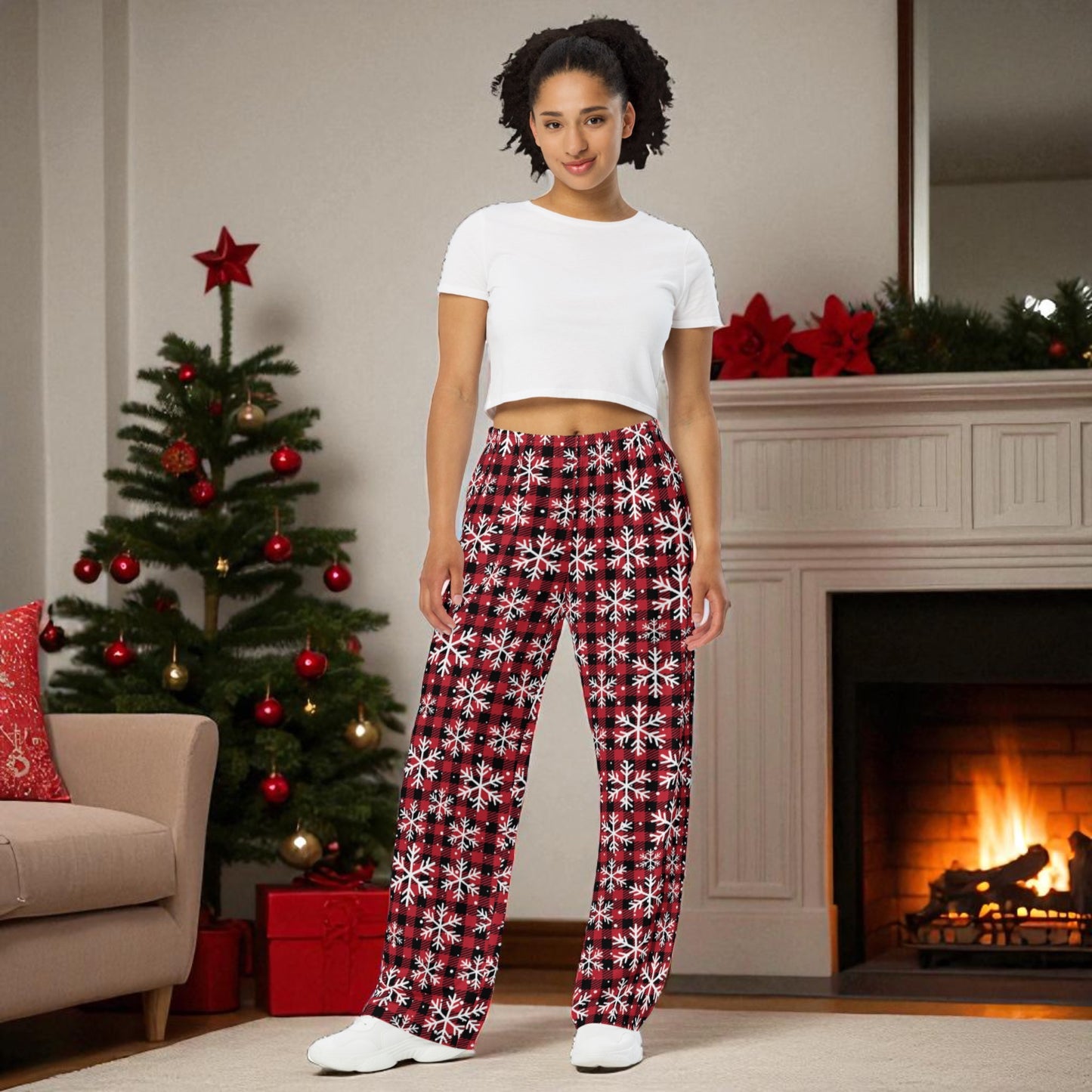 Red Plaid Snowflake Unisex Pajama Pants: Cozy Christmas Holiday Lounge Wear