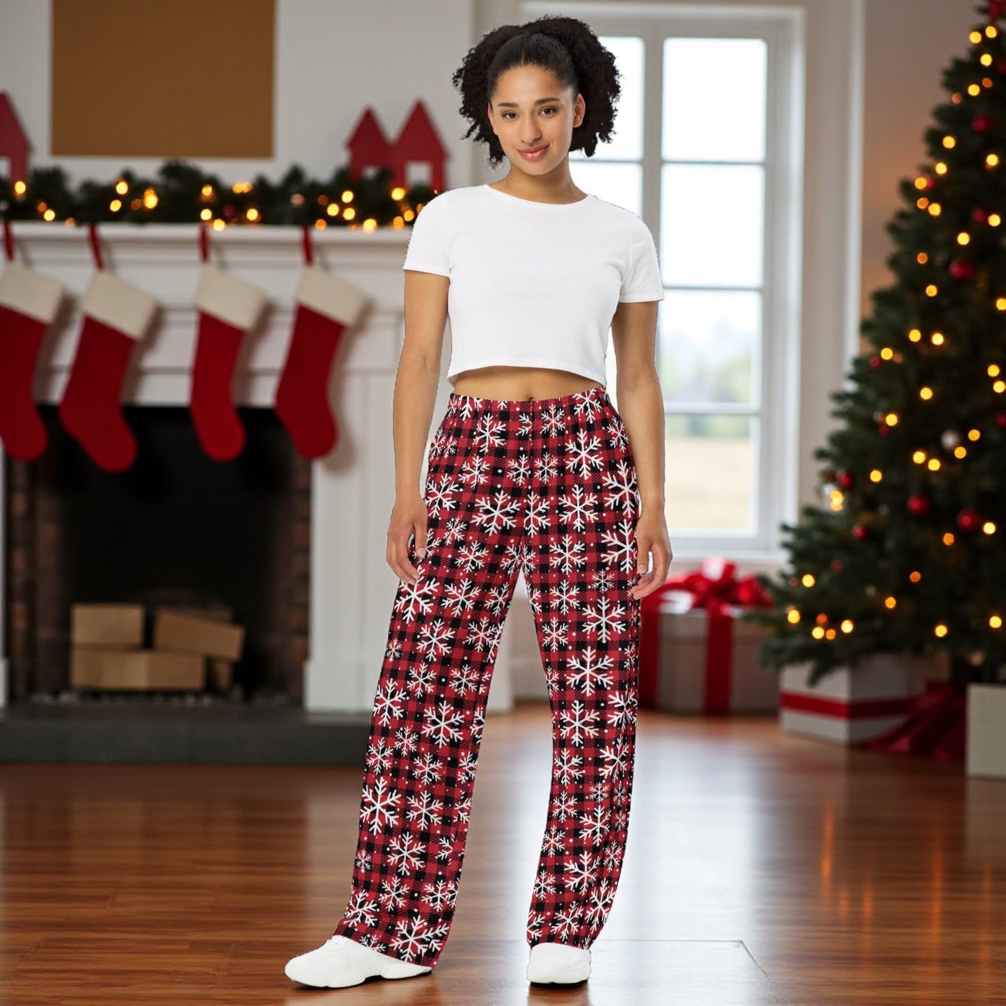 Red Plaid Snowflake Unisex Pajama Pants: Cozy Christmas Holiday Lounge Wear