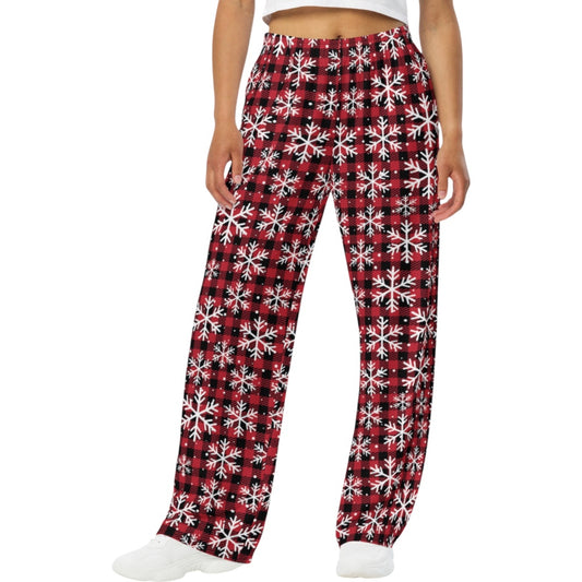 Red Plaid Snowflake Unisex Pajama Pants: Cozy Christmas Holiday Lounge Wear