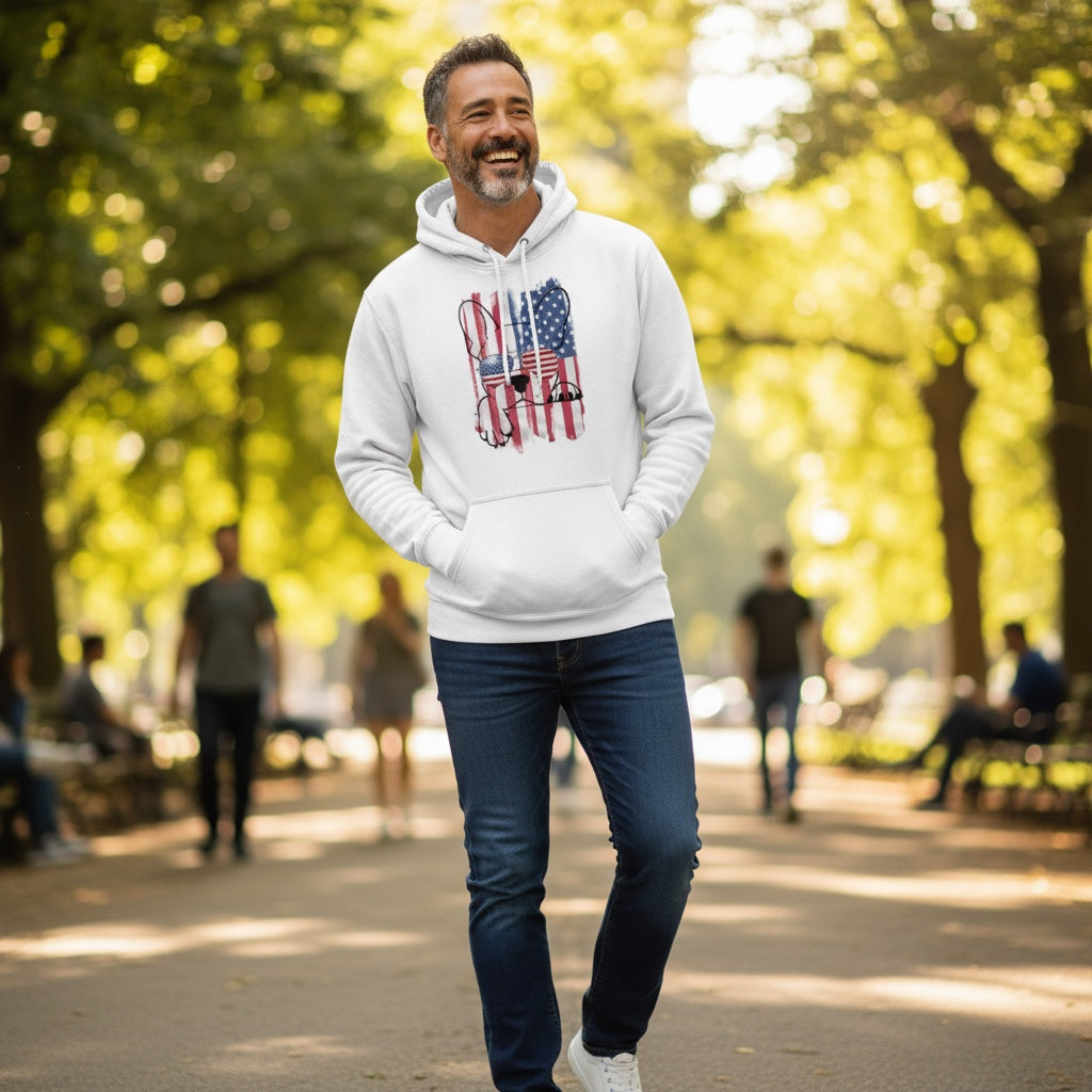 French Bulldog Hoodie for Men – Patriotic USA Flag Aviator Sunglasses Design | Frenchie Dog Lover Gift | 4th of July Hoodie | American Pride Sweatshirt