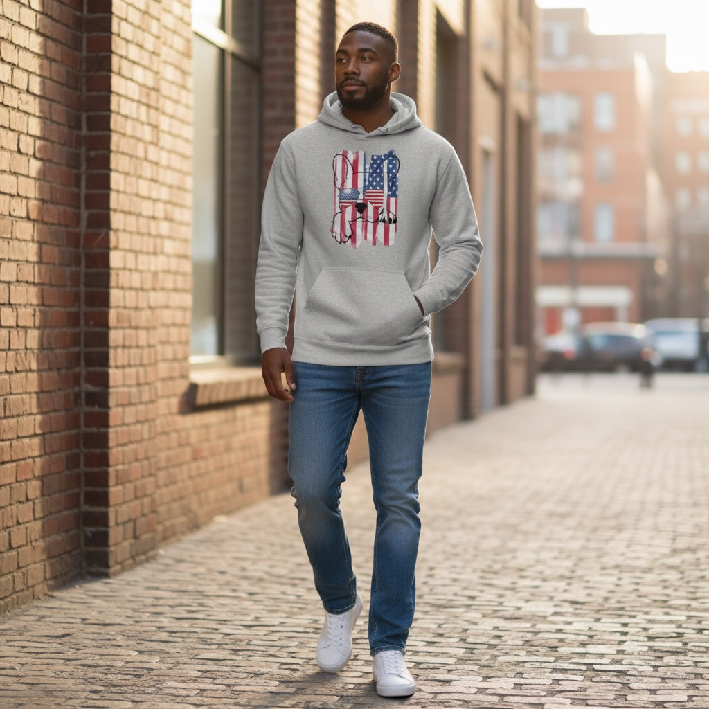 French Bulldog Hoodie for Men – Patriotic USA Flag Aviator Sunglasses Design | Frenchie Dog Lover Gift | 4th of July Hoodie | American Pride Sweatshirt