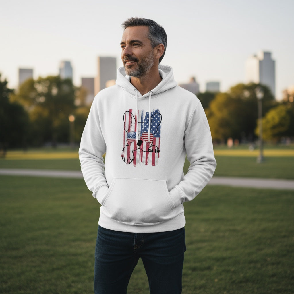 French Bulldog Hoodie for Men – Patriotic USA Flag Aviator Sunglasses Design | Frenchie Dog Lover Gift | 4th of July Hoodie | American Pride Sweatshirt