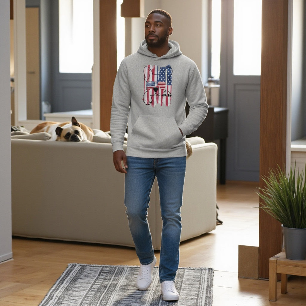 French Bulldog Hoodie for Men – Patriotic USA Flag Aviator Sunglasses Design | Frenchie Dog Lover Gift | 4th of July Hoodie | American Pride Sweatshirt