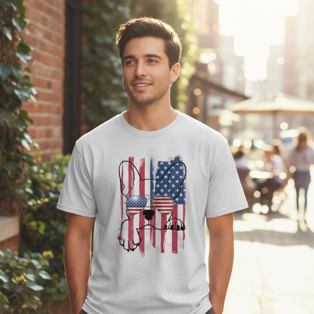 French Bulldog T-Shirt – American Flag Aviator Sunglasses Design | Frenchie Dad Patriotic Shirt | USA Dog Lover Gift | 4th of July Tee | Red White Blue Style