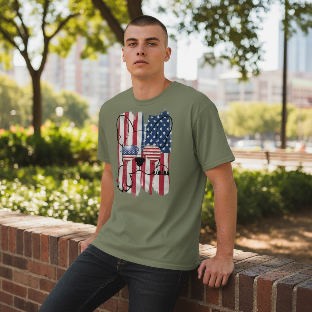 French Bulldog T-Shirt – American Flag Aviator Sunglasses Design | Frenchie Dad Patriotic Shirt | USA Dog Lover Gift | 4th of July Tee | Red White Blue Style