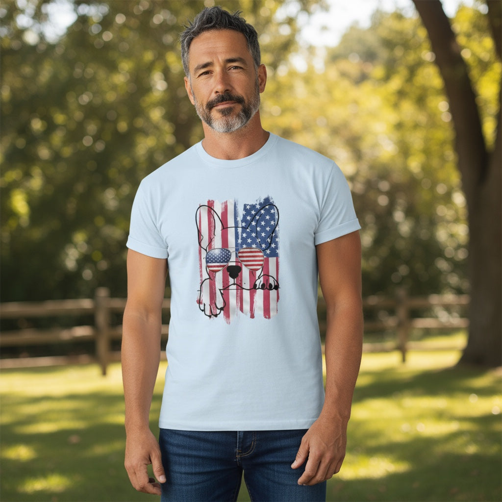 French Bulldog T-Shirt – American Flag Aviator Sunglasses Design | Frenchie Dad Patriotic Shirt | USA Dog Lover Gift | 4th of July Tee | Red White Blue Style