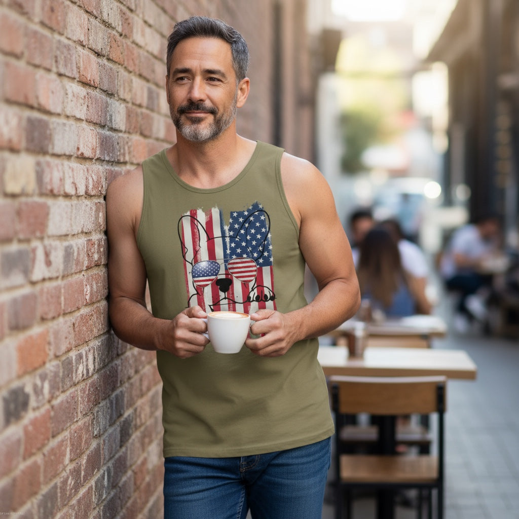 French Bulldog Men’s Tank Top – American Flag Aviator Sunglasses Design | Patriotic Frenchie Dad Shirt | 4th of July Muscle Tank | USA Dog Lover Gift